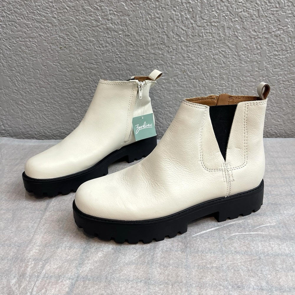 Zodiac Shiloh White Leather Chelsea Boots Lug Sole Platform Booties Women's 9